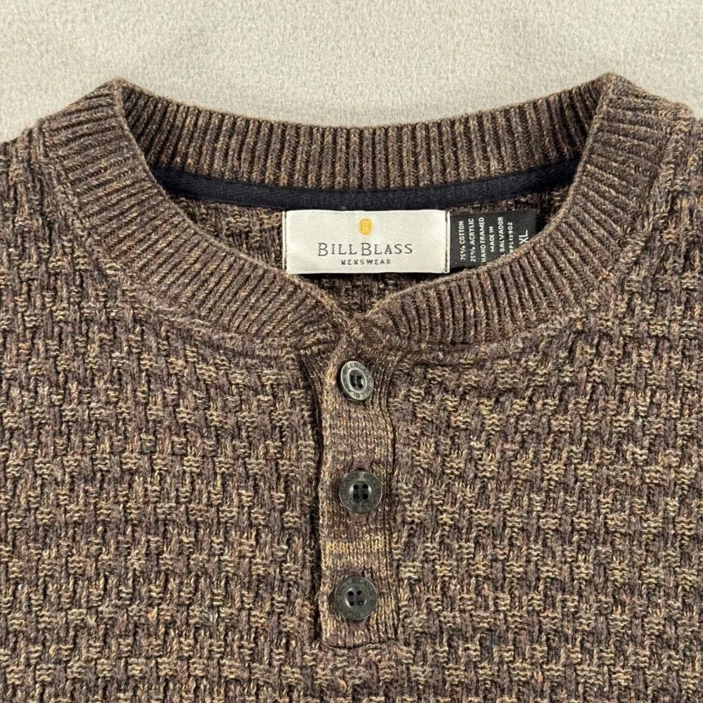 Bill Blass Vintage Henley Sweater XL Brown Textured Waffle Knit Long Sleeve